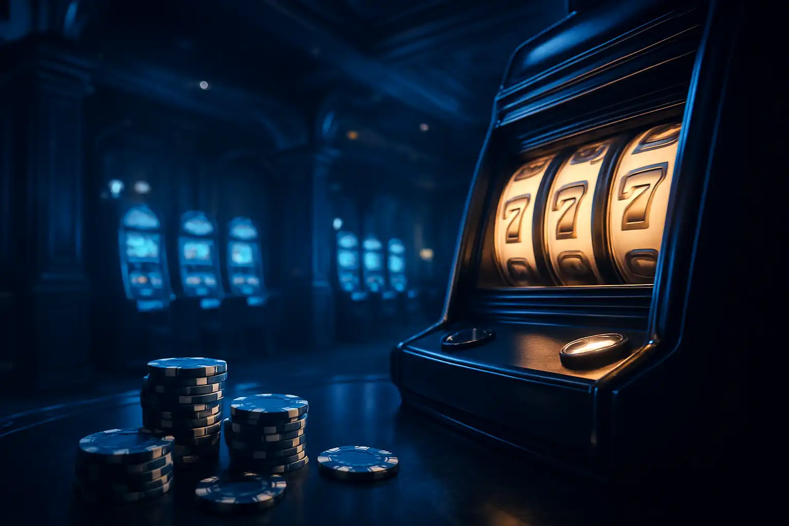 Hall de casino aux tons bleu saphir et marine avec rouleaux de machine à sous et jetons